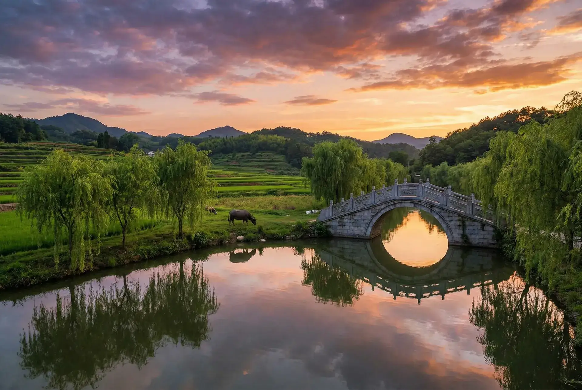 夕阳下的石拱桥与垂柳，水牛在河边吃草 - OVERFLOW樱花 乡村美景